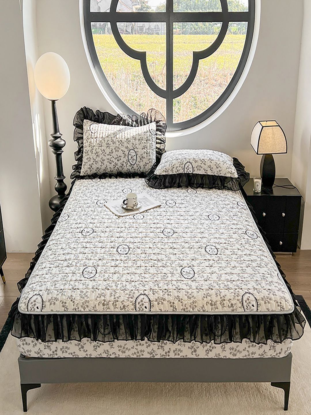 JC HOME White & Black Floral 150 TC Fitted Double King Bedsheet Set 1.80 m x 2 m-picture-21