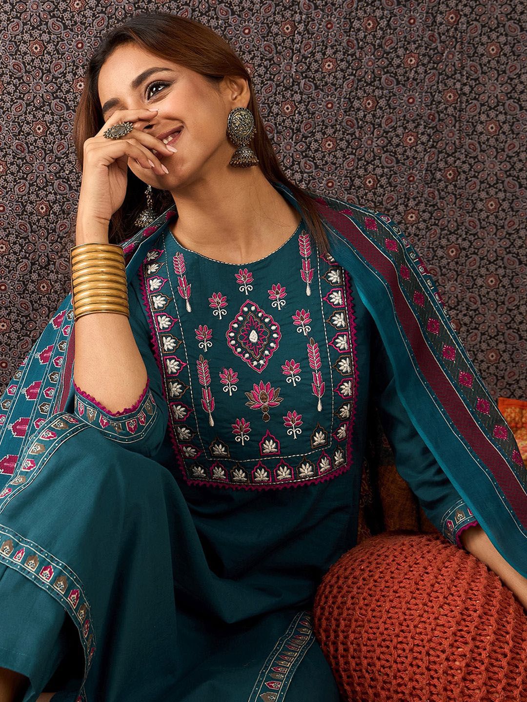 Indo Era Floral Embroidered Thread Work Pure Cotton Straight Kurta With Trouser & Dupatta-picture-24