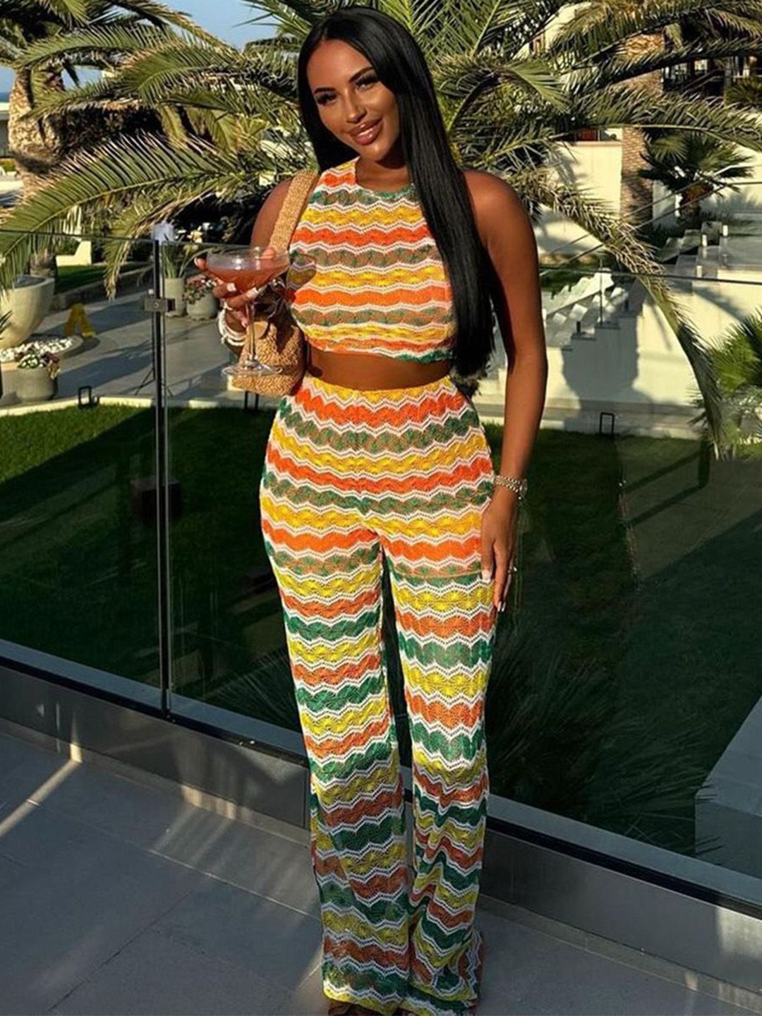 StyleCast Women Striped Sleeveless Round Neck Top With Trousers Co-Ords-image-27