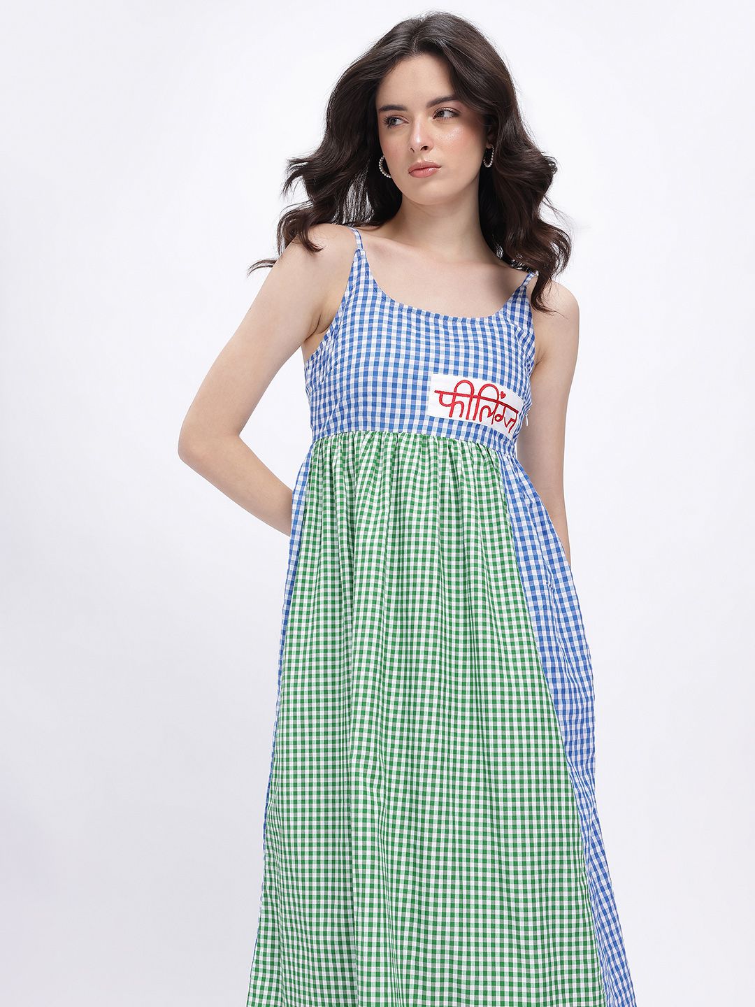 fusion by glitchez Checked Shoulder Straps Embroidered Detail Midi A-Line Dress-picture-19