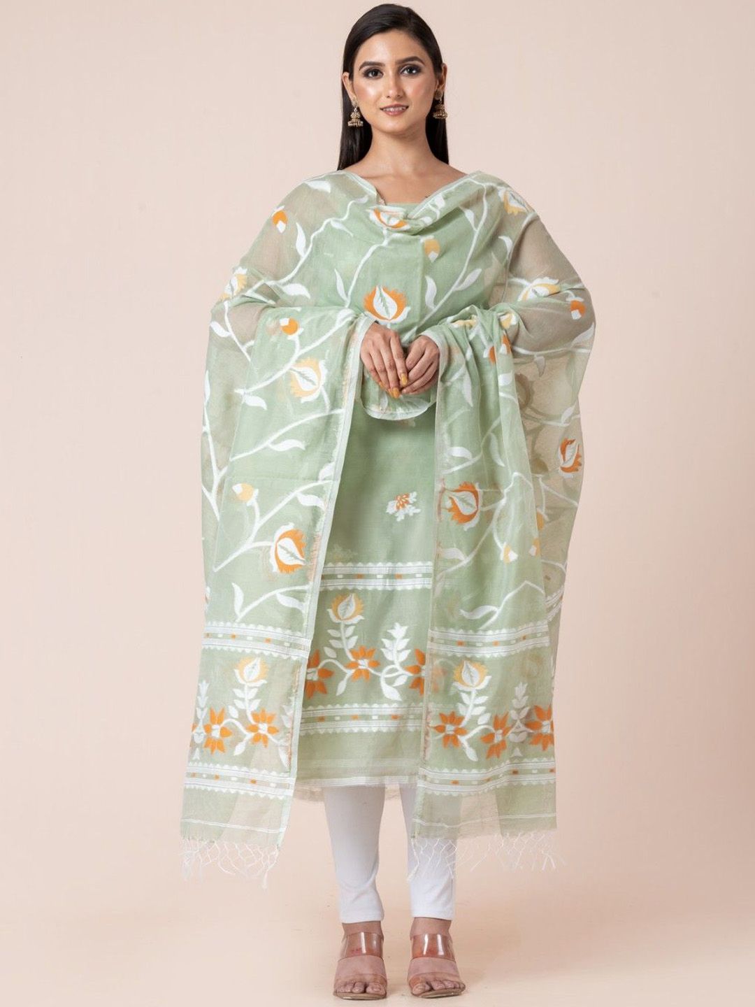 Durga Handlooms Jamdani Woven Design Zari Pure Cotton Unstitched Kurti Material with Dupatta-image-30