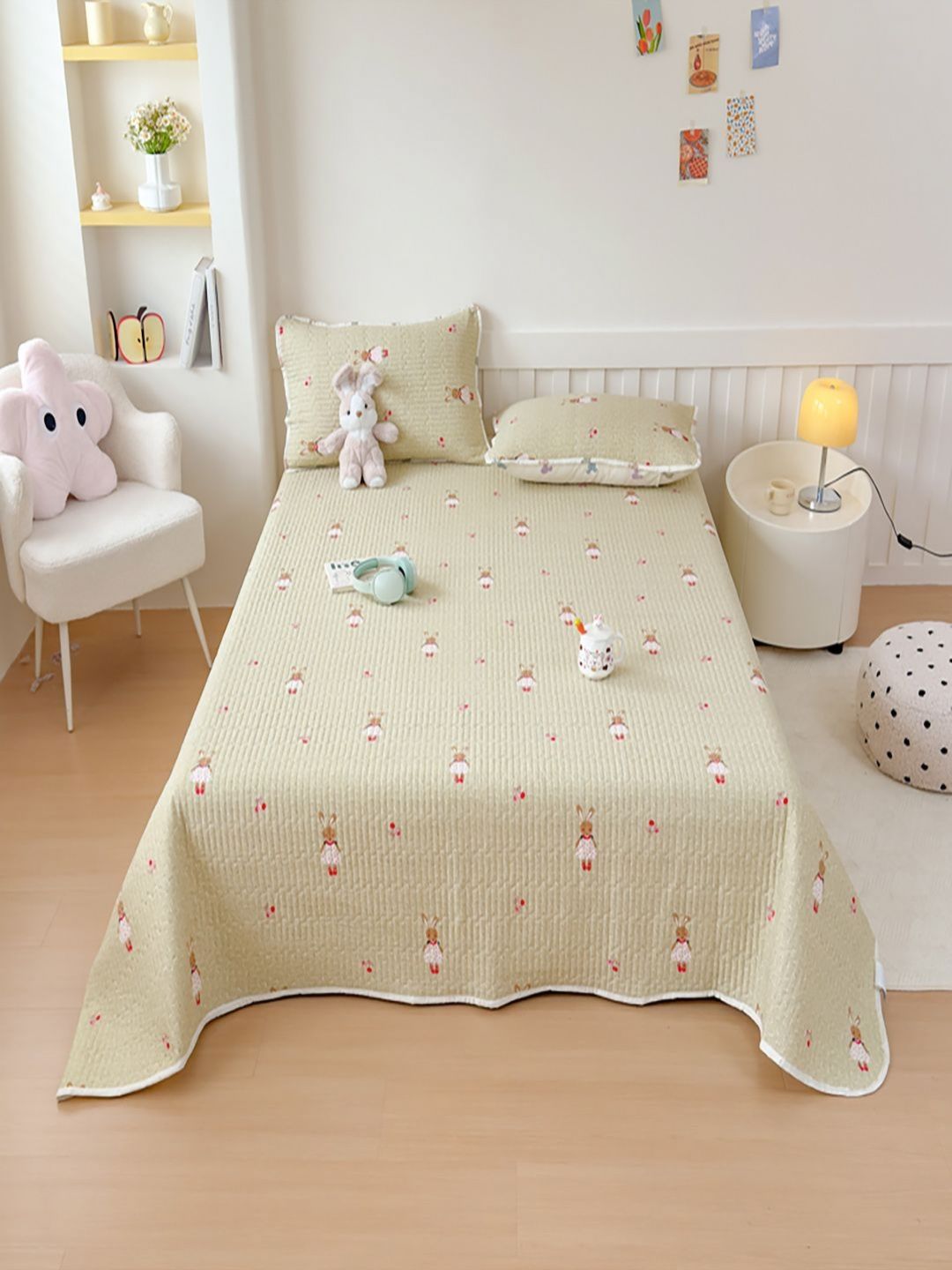 JC HOME White & Green Printed 162 GSM Double King Bed Cover with 2 Pillow Covers-picture-36
