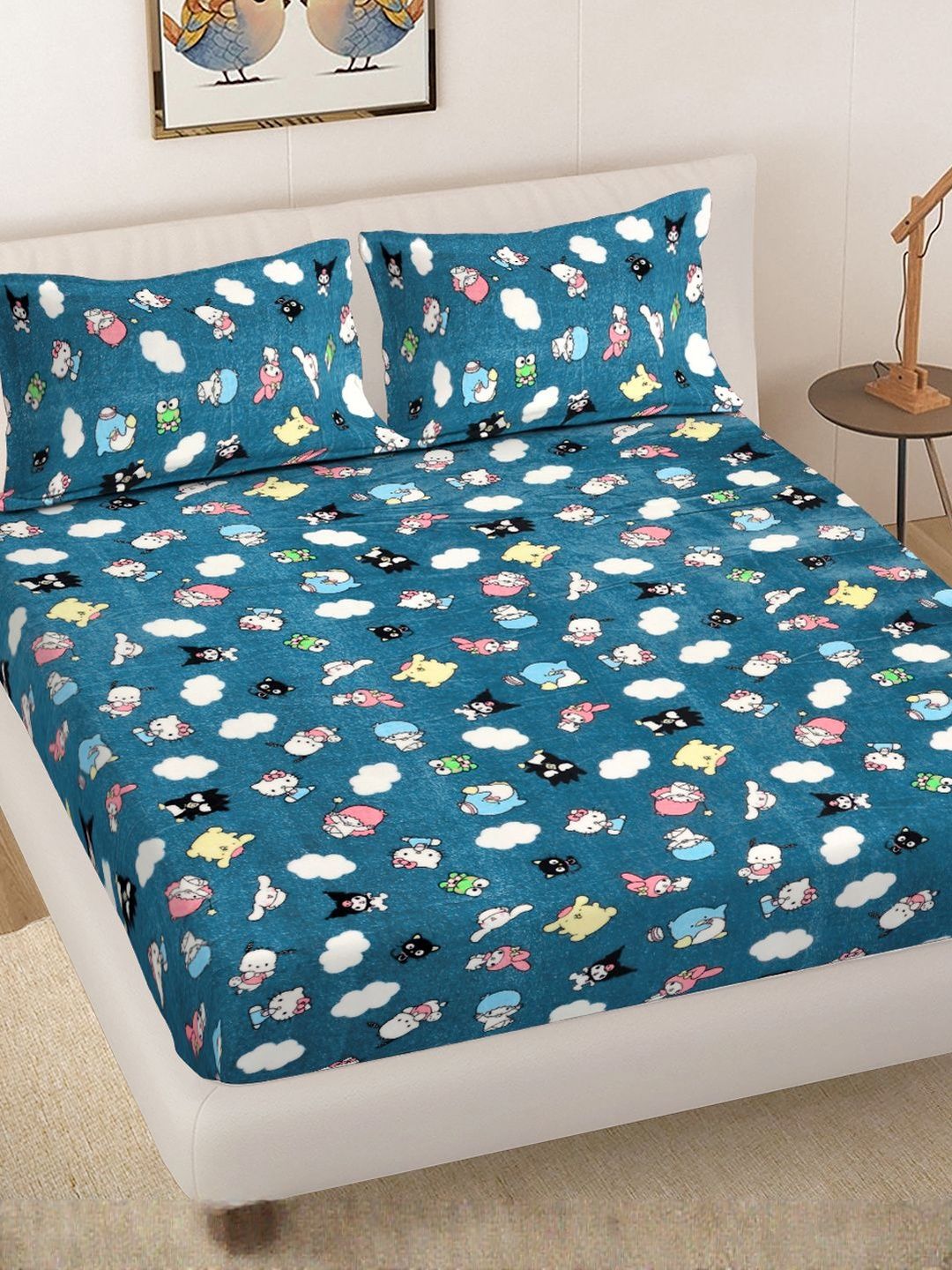 Myntra Elegant Homes Blue Cartoon Characters 300 TC King Bedsheet with 2 Pillow Covers-picture-35