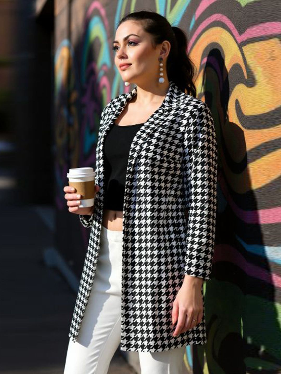 ZEUGEN Houndstooth Printed Blazer Collar Open Front Long Shrug