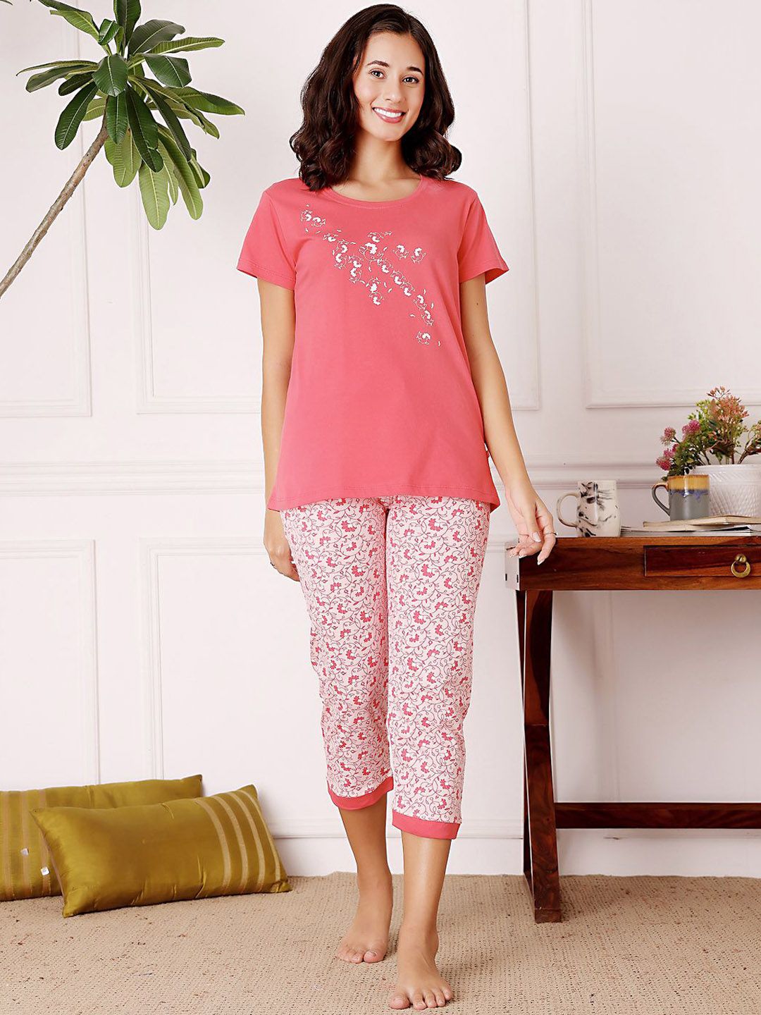 Bodycare Women Printed Pure Cotton T-shirt & Capris Night suit-image-3