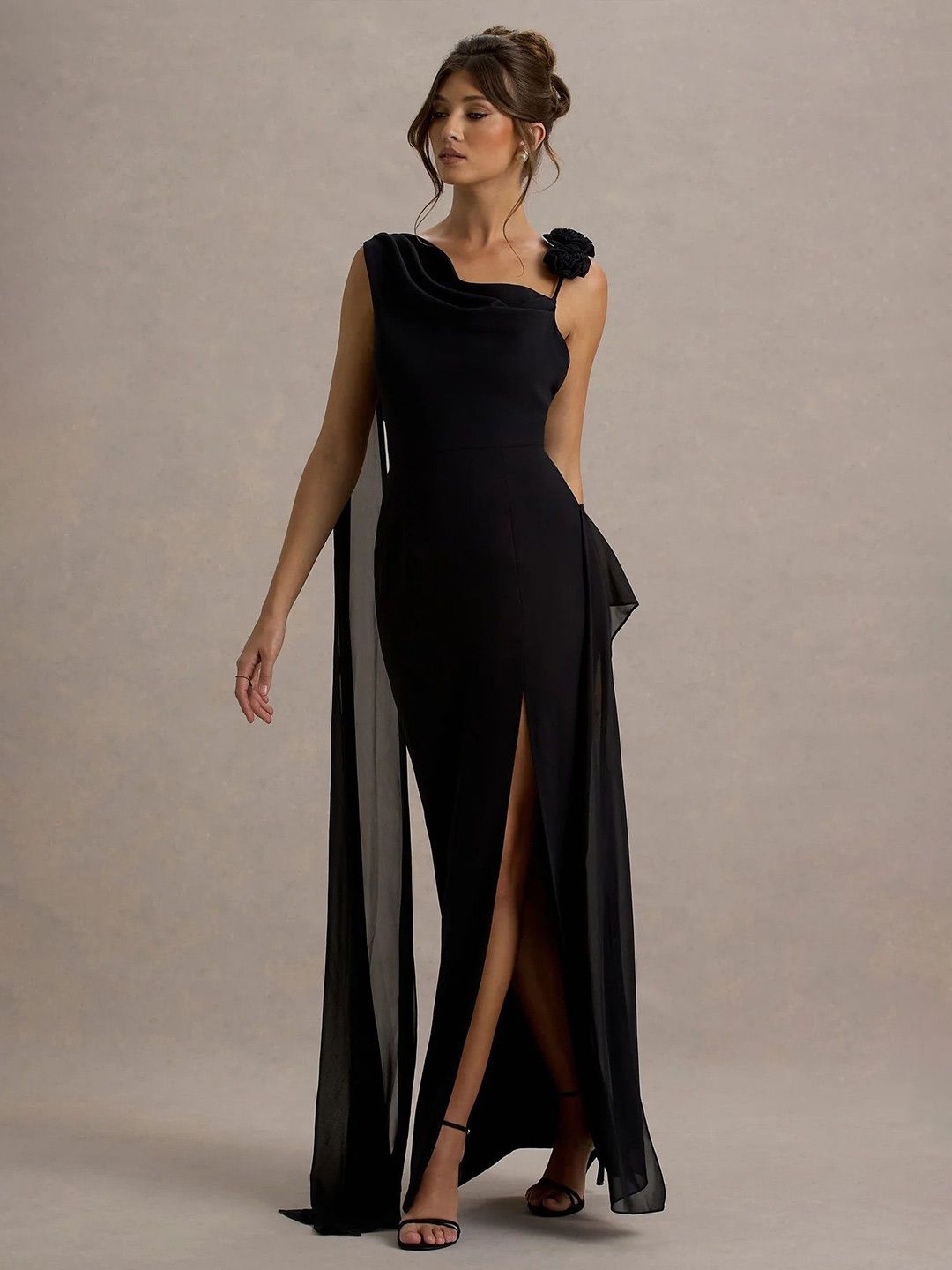 Traquila Women Cowl Neck Georgette Bodycon Maxi Dress view 1