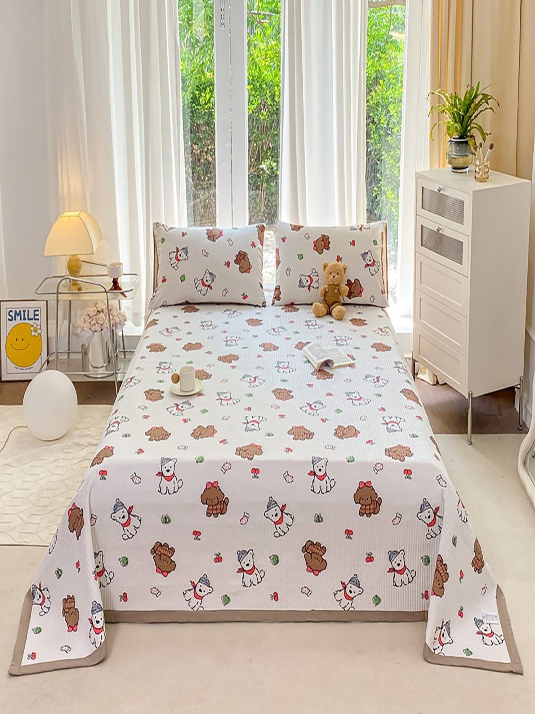 JC HOME 3Pcs Brown & White Printed 162 TC Single Bed Covers-picture-51