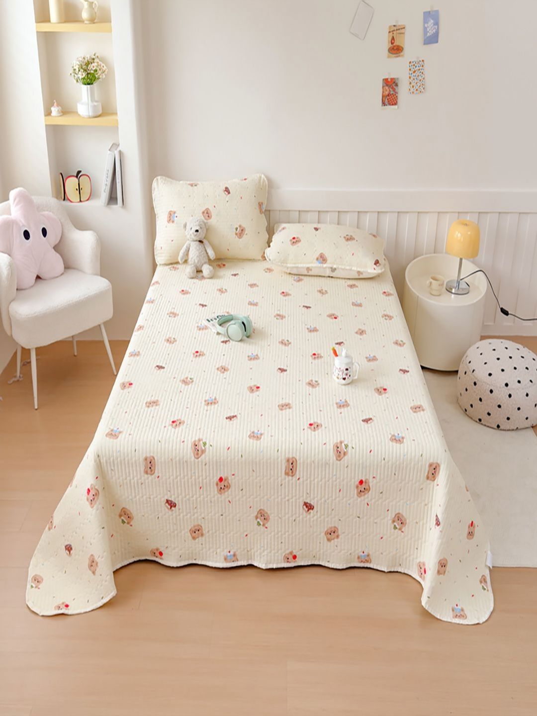 JC HOME 3Pcs Brown & Off White Floral Printed 162 TC Double King Bed Covers-picture-38