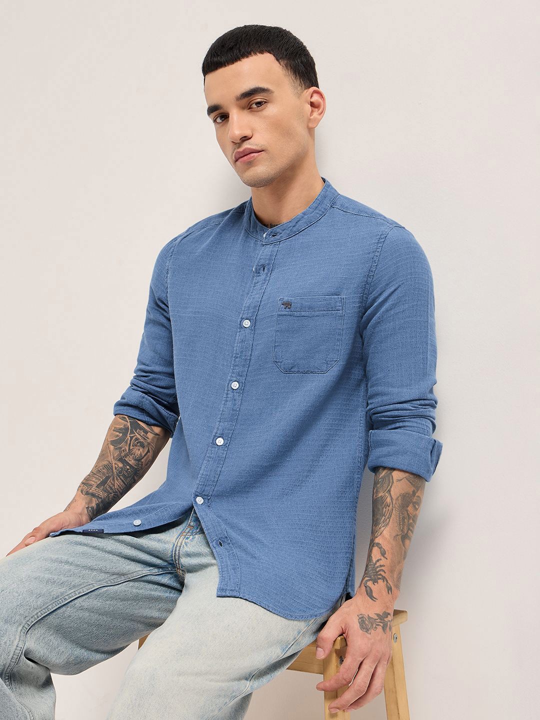 THE BEAR HOUSE Men Slim Fit Solid Mandarin Collar Pure Cotton Casual Shirt-picture-30