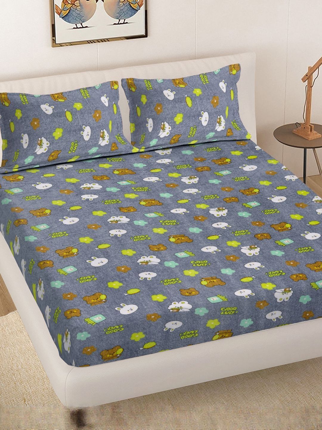 Myntra Elegant Homes Woollen Cartoon Characters 300 TC King Bedsheet with 2 Pillow Covers-picture-16