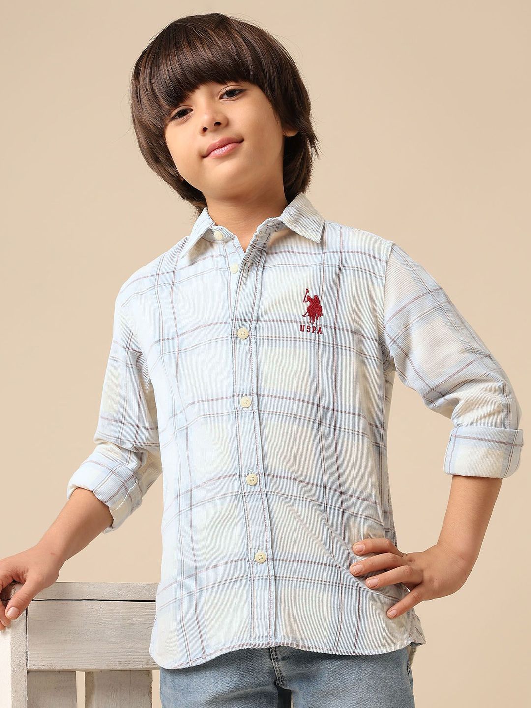 U.S. Polo Assn. Kids Boys Windowpane Checked Spread Collar Pure Cotton Casual Shirt-picture-46