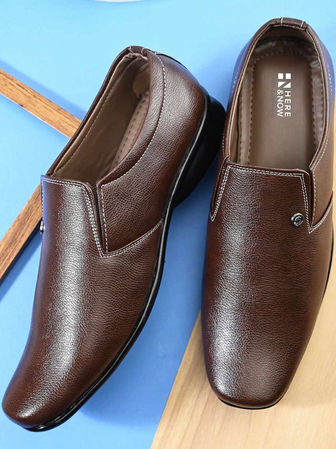 HERE&NOW Men Solid Brown Leather Slip-On Loafers-image-22