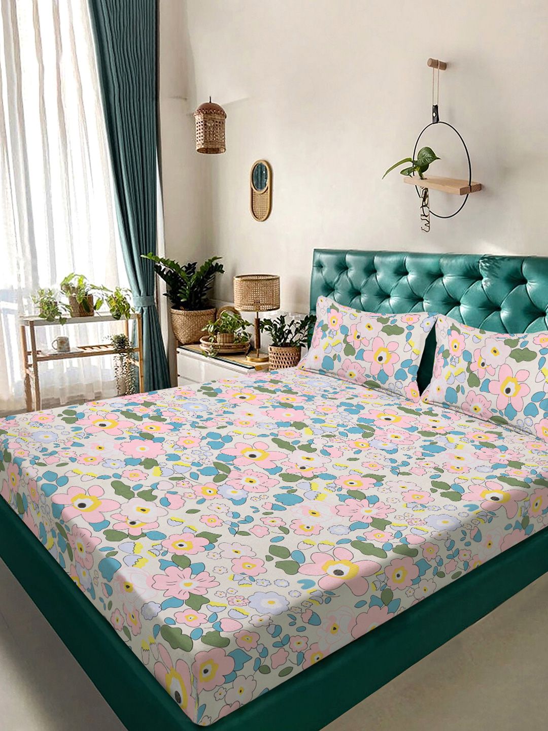 Aura White & Blue Printed 300 TC Fitted King Bedsheet Set 2.5 m x 2.25 m-picture-24