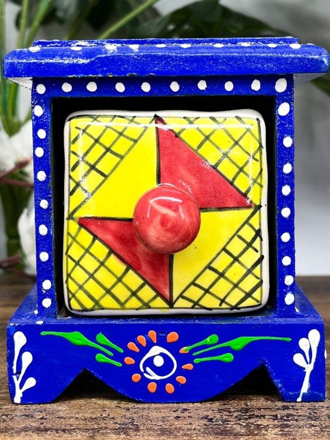 DIWAM HANDICRAFTS Blue & Yellow Wooden and Ceramic Drawer Storage Box