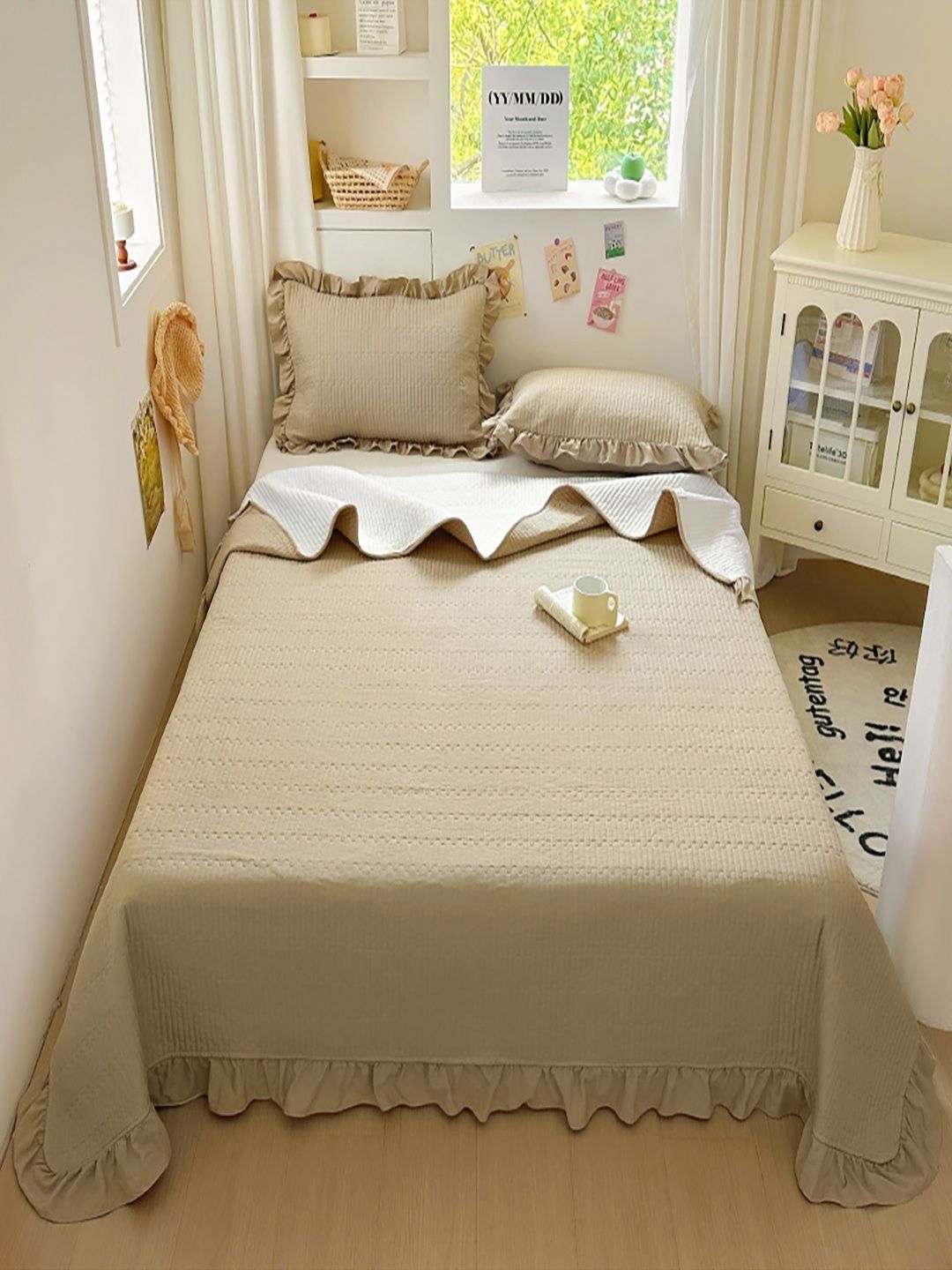 JC HOME 3Pcs Khaki & White Solid Double King Bed Covers-image-31