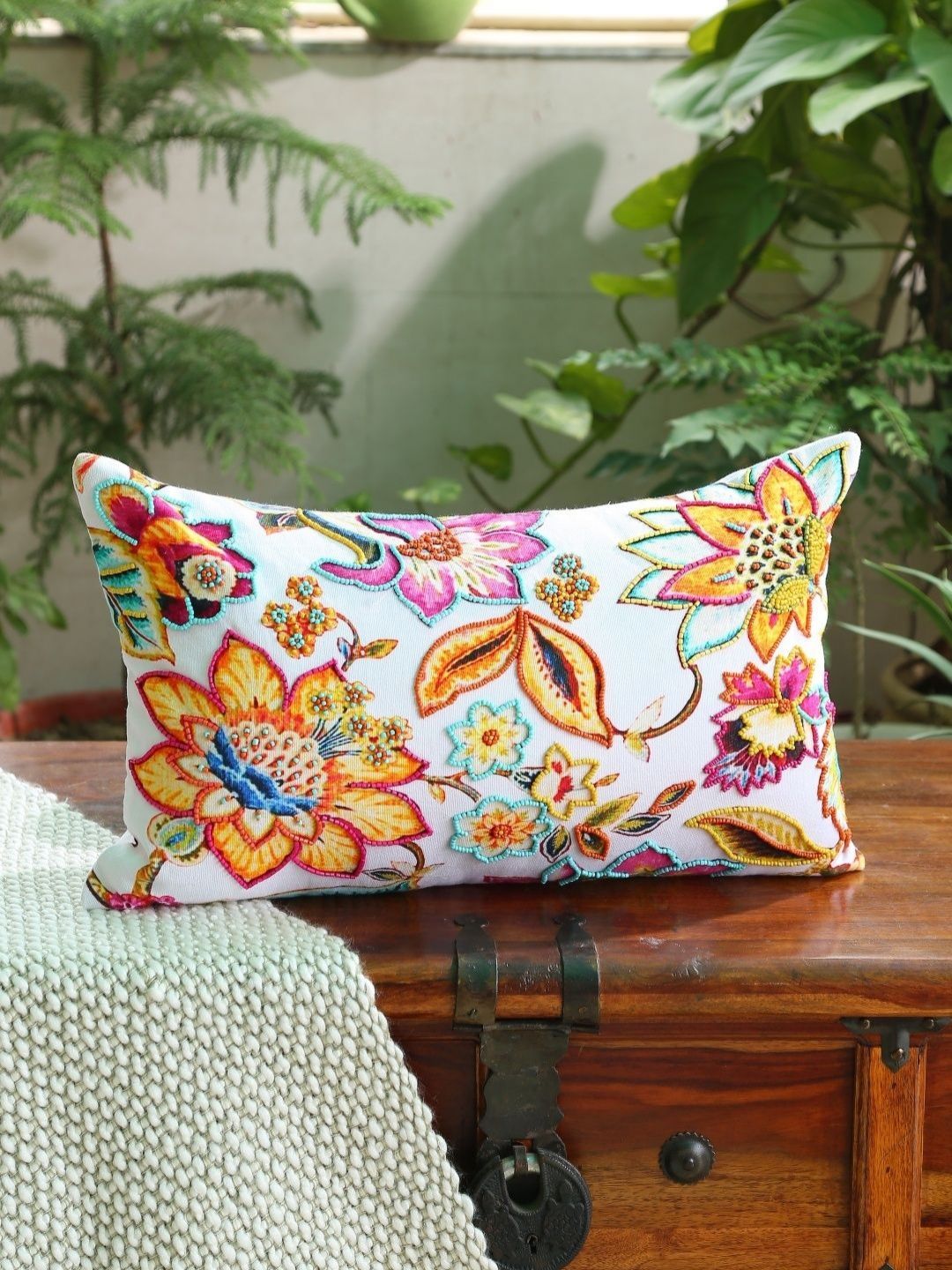 Revive Home White & Yellow Floral Printed Breathable Cotton Rectangle Cushion Cover-picture-15
