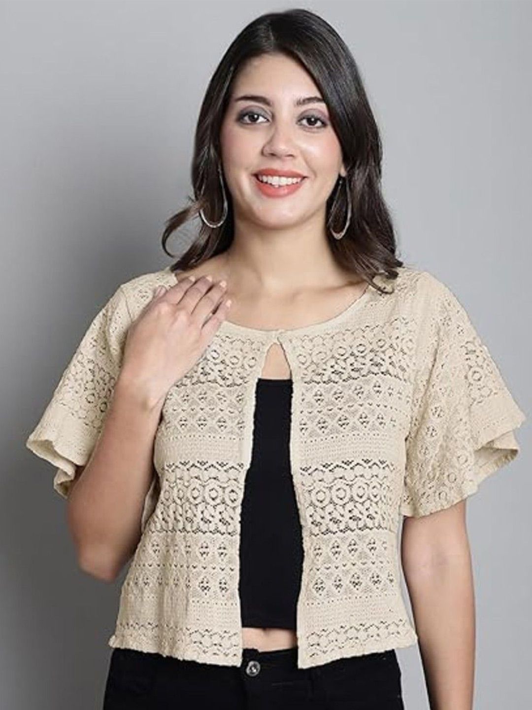 NATURE CRAFT Self Design Round Neck Crop Cotton Sheer Shrug-picture-11