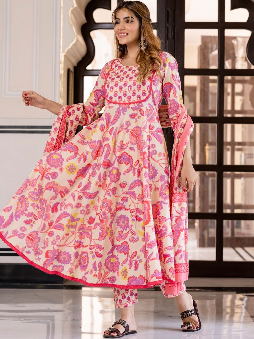 Cream & Maroon Cotton Anarkali Kurta Set with Dupatta