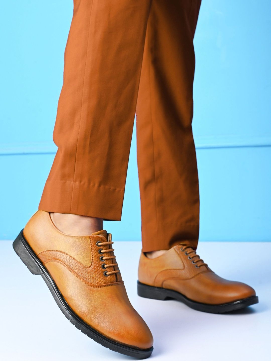 HERE&NOW Men Tan Solid Faux Leather Derbys Lace-Ups Formal Shoes-image-17