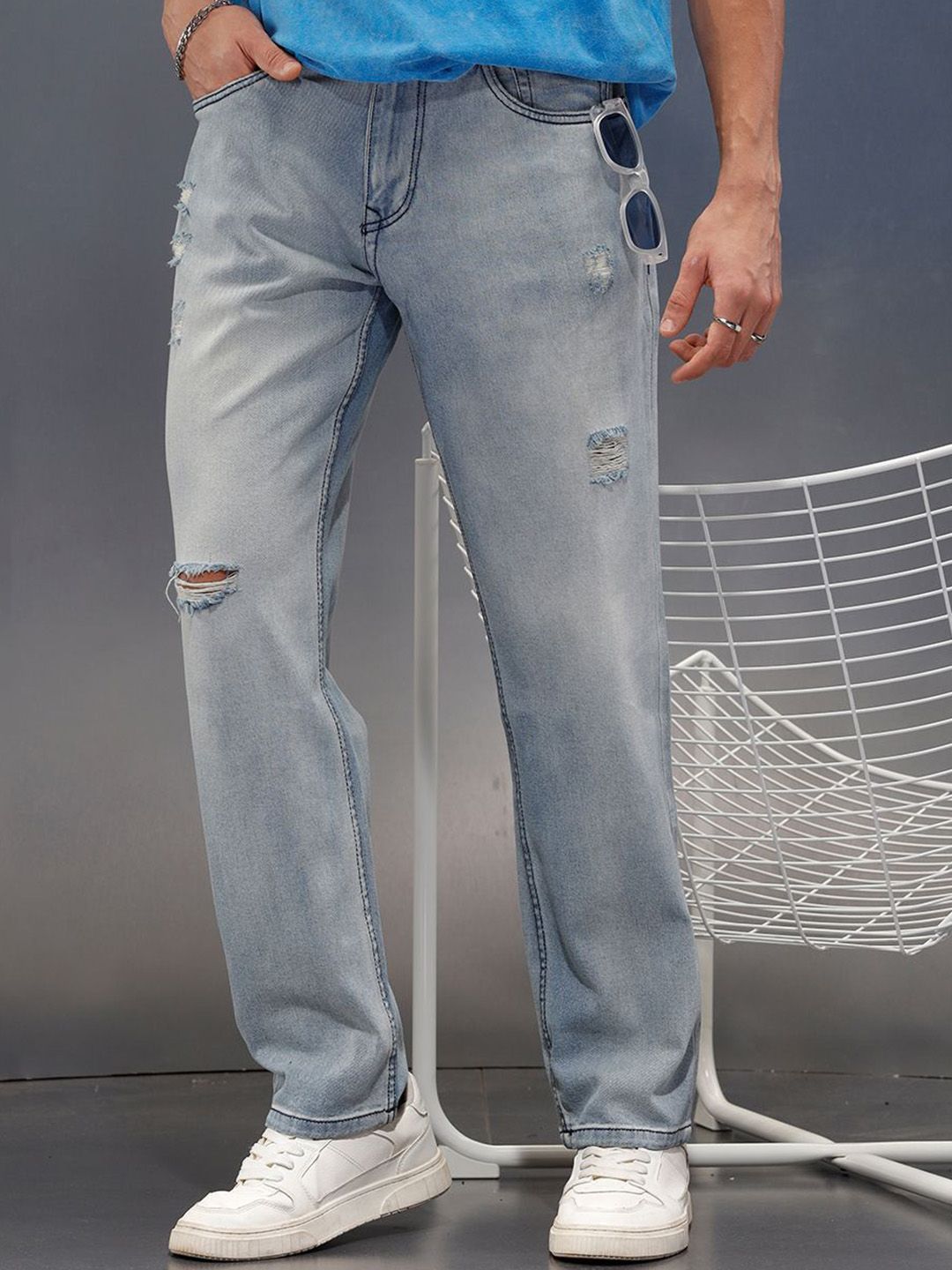 WROGN Men Straight Fit Mid-Rise Mildly Distressed Light Fade Jeans-picture-20