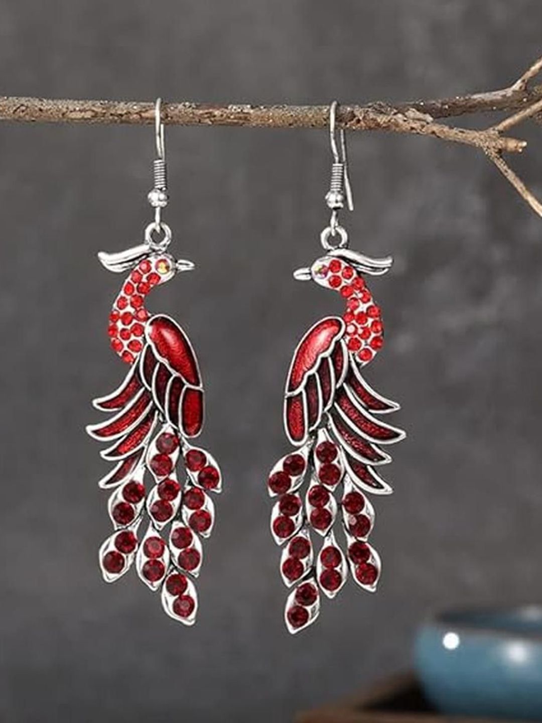 EL REGALO Artificial Stones Studded Peacock Shaped Oxidised Drop Earrings-image-40