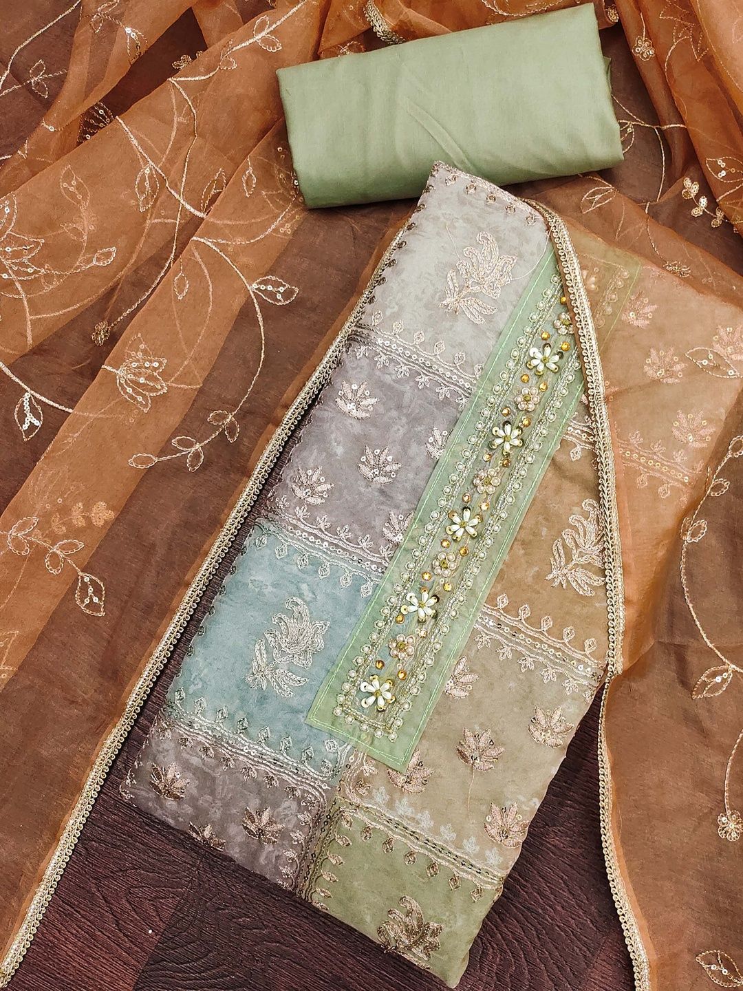 DIVASTRI Women Sea Green Embroidered Organza Unstitched Dress Material-picture-26