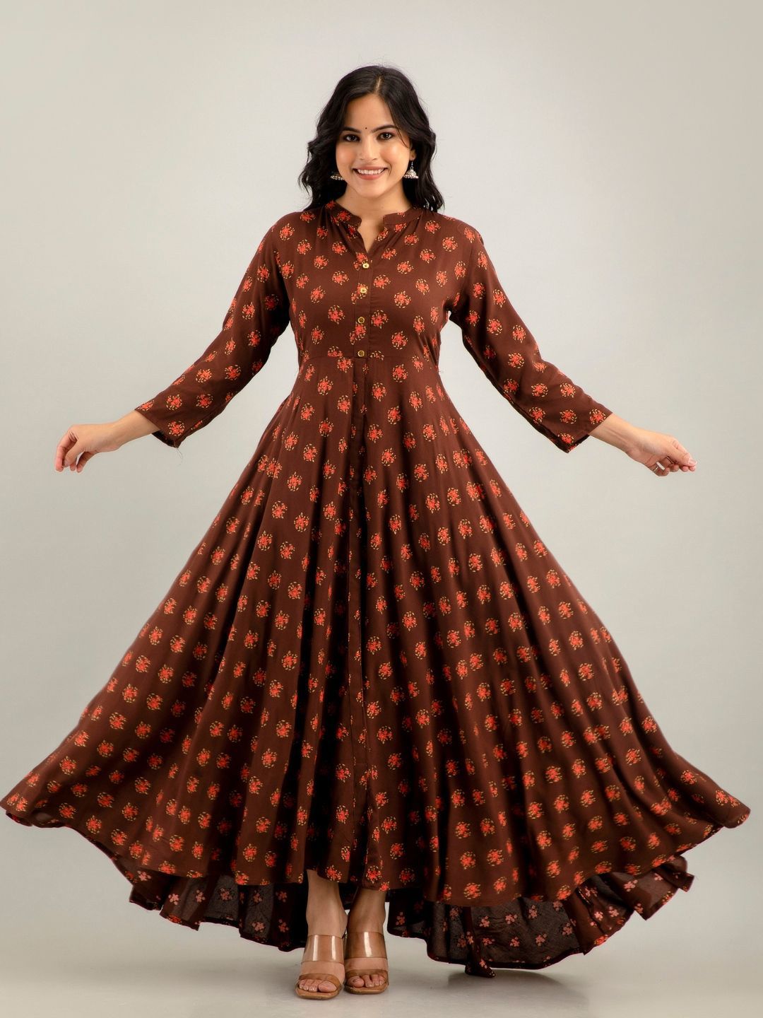 ftDiva Printed Mandarin Collar Fit & Flare Maxi Dress-picture-11