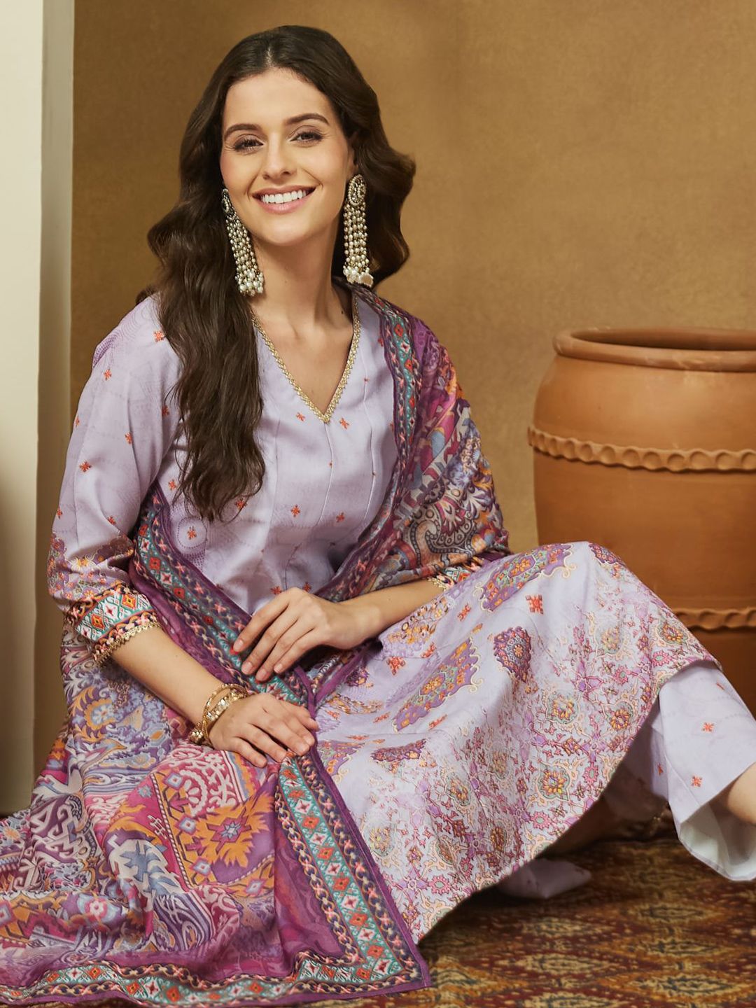Janasya Women Ethnic Motifs Printed A-Line Kurta with Trousers & Dupatta-picture-33