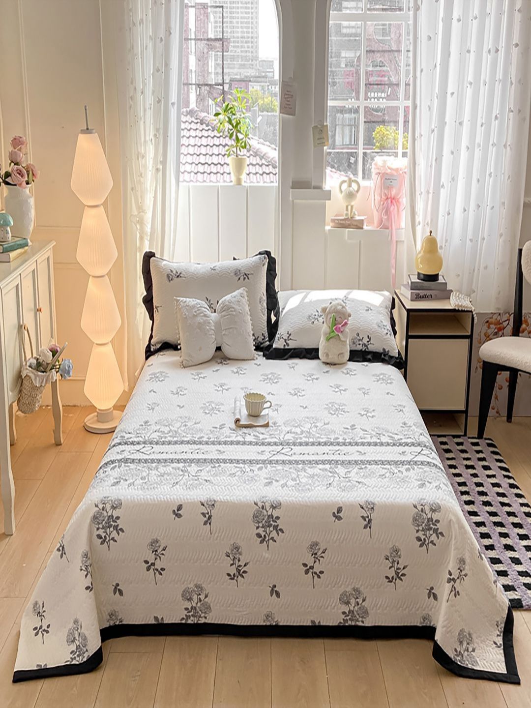 JC HOME 3Pcs Black & White Floral Double Superking Bed Covers-picture-36