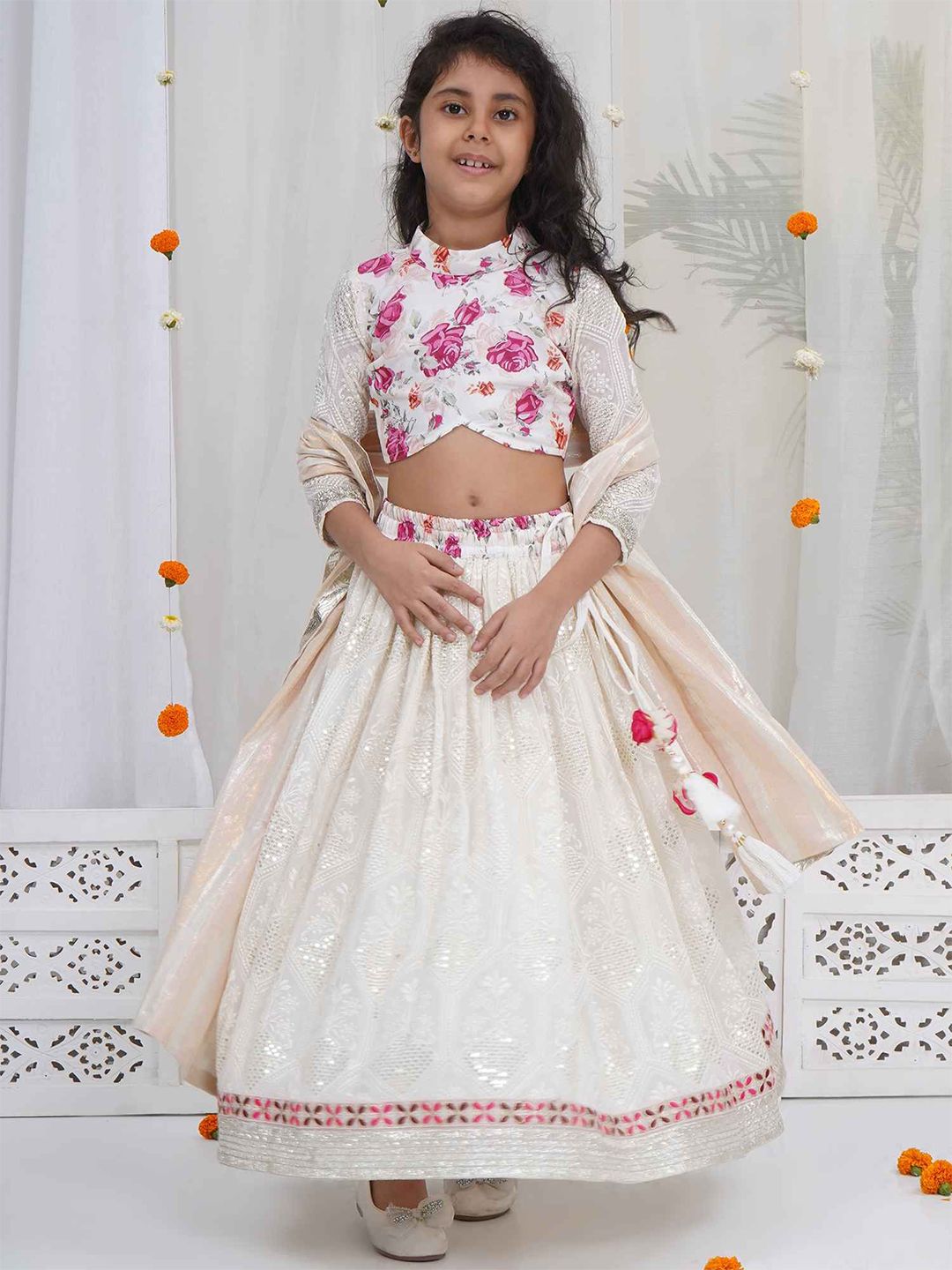 Little Bansi Girls Floral Embroidered Ready to Wear Lehenga & Blouse With Dupatta-picture-36