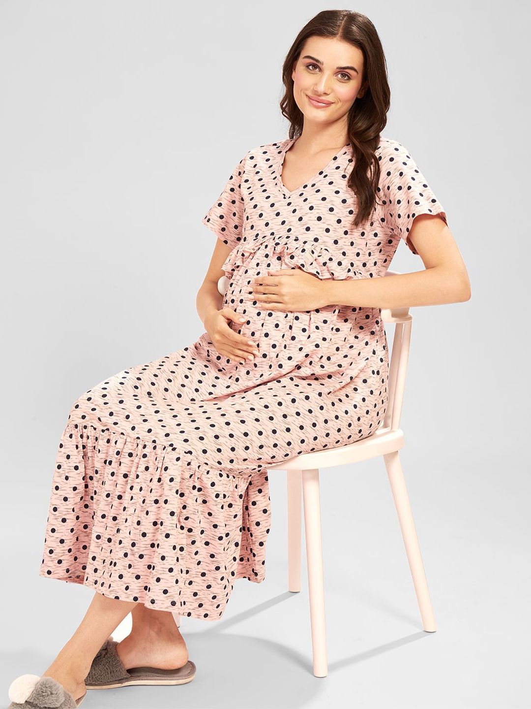 AV2 Women Polka Dot Printed Maternity Mid Nightdress