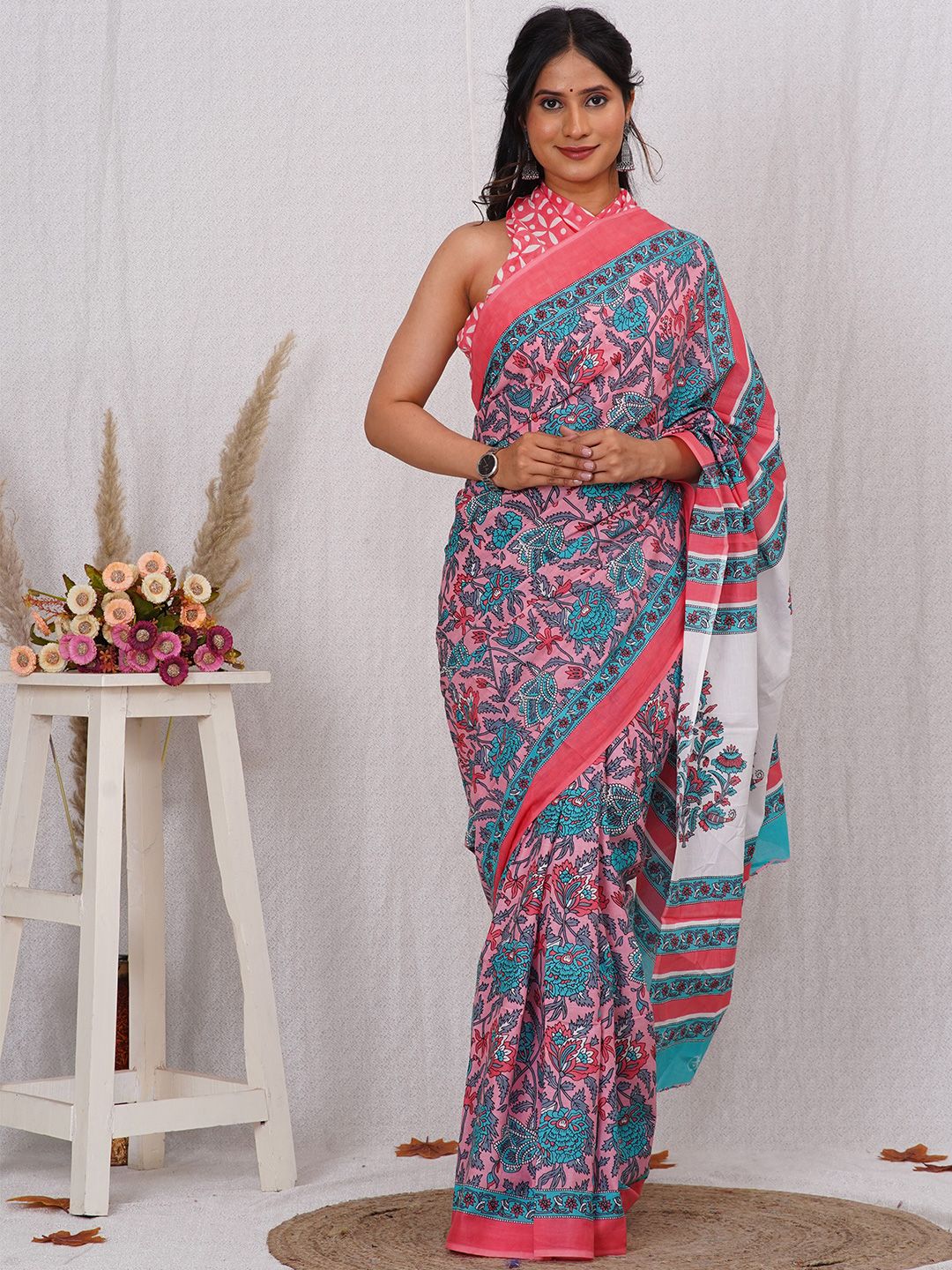 Craft Musium Floral Printed Pure Cotton Block Print Saree With Blouse Piece-picture-32