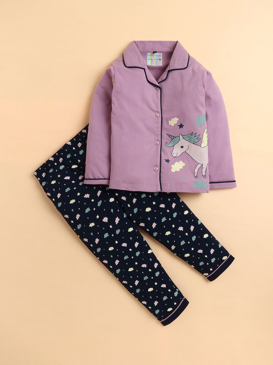 Polka Tots Kids Unicorn Printed Pure Cotton Shirt & Pyjamas Night suit