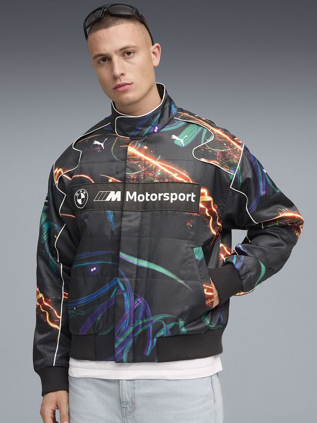 PUMA Motorsport Men BMW MMS CAO FEI RACER Mandarin Collar Colourblocked Bomber Jacket-image-5