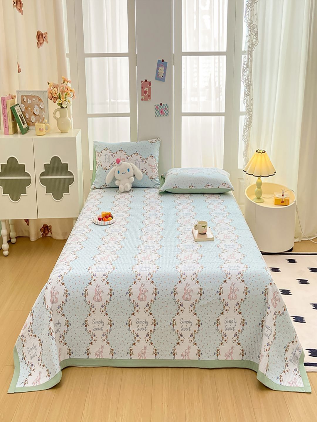 JC HOME 3Pcs Blue & White Floral Printed 162 TC Single Bed Covers-picture-17