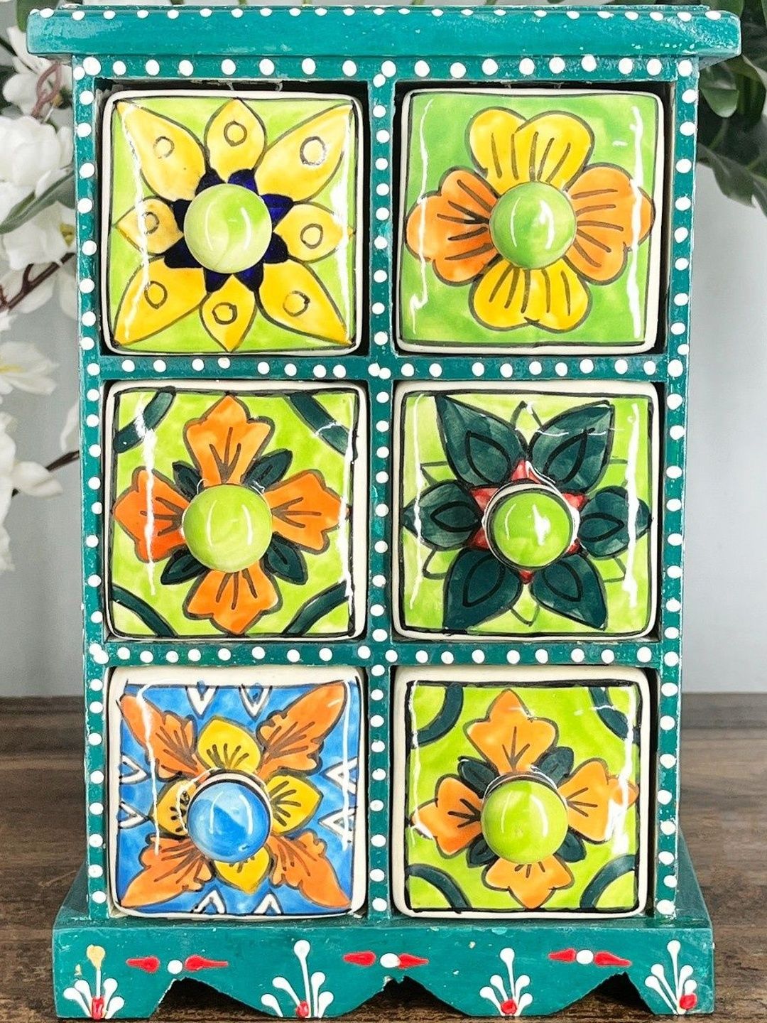 DIWAM HANDICRAFTS Green Storage Box Wooden and Ceramic Drawer Chest Trinket Box