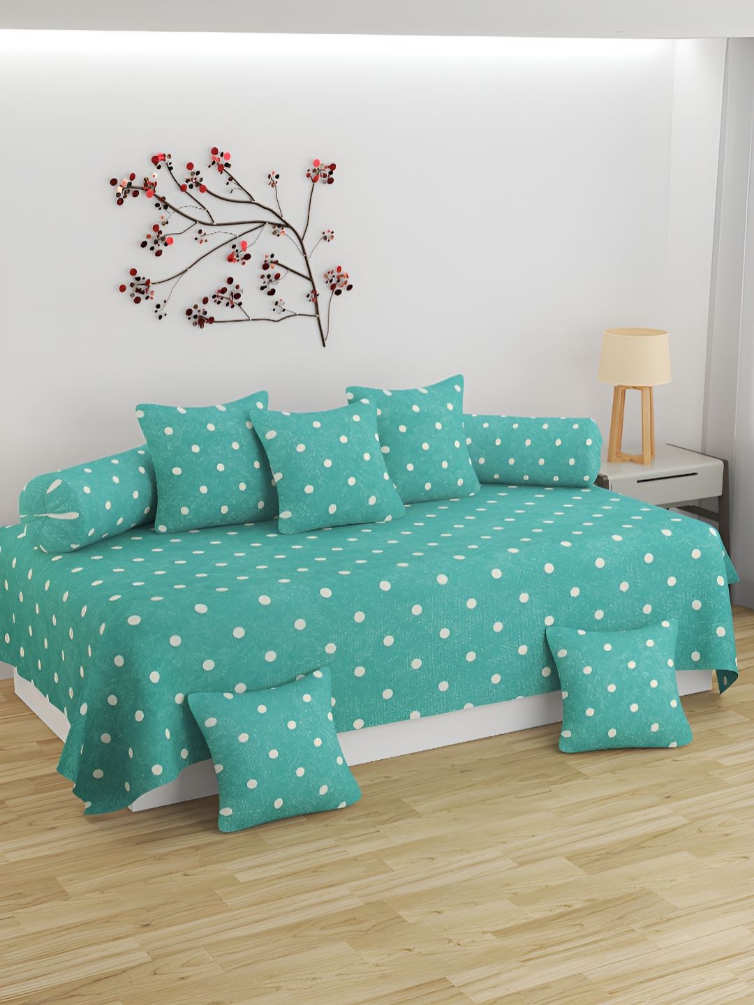 Bromwick 8Pcs White & Green Dots Printed 250 TC Microfibre Diwan Set-image-40