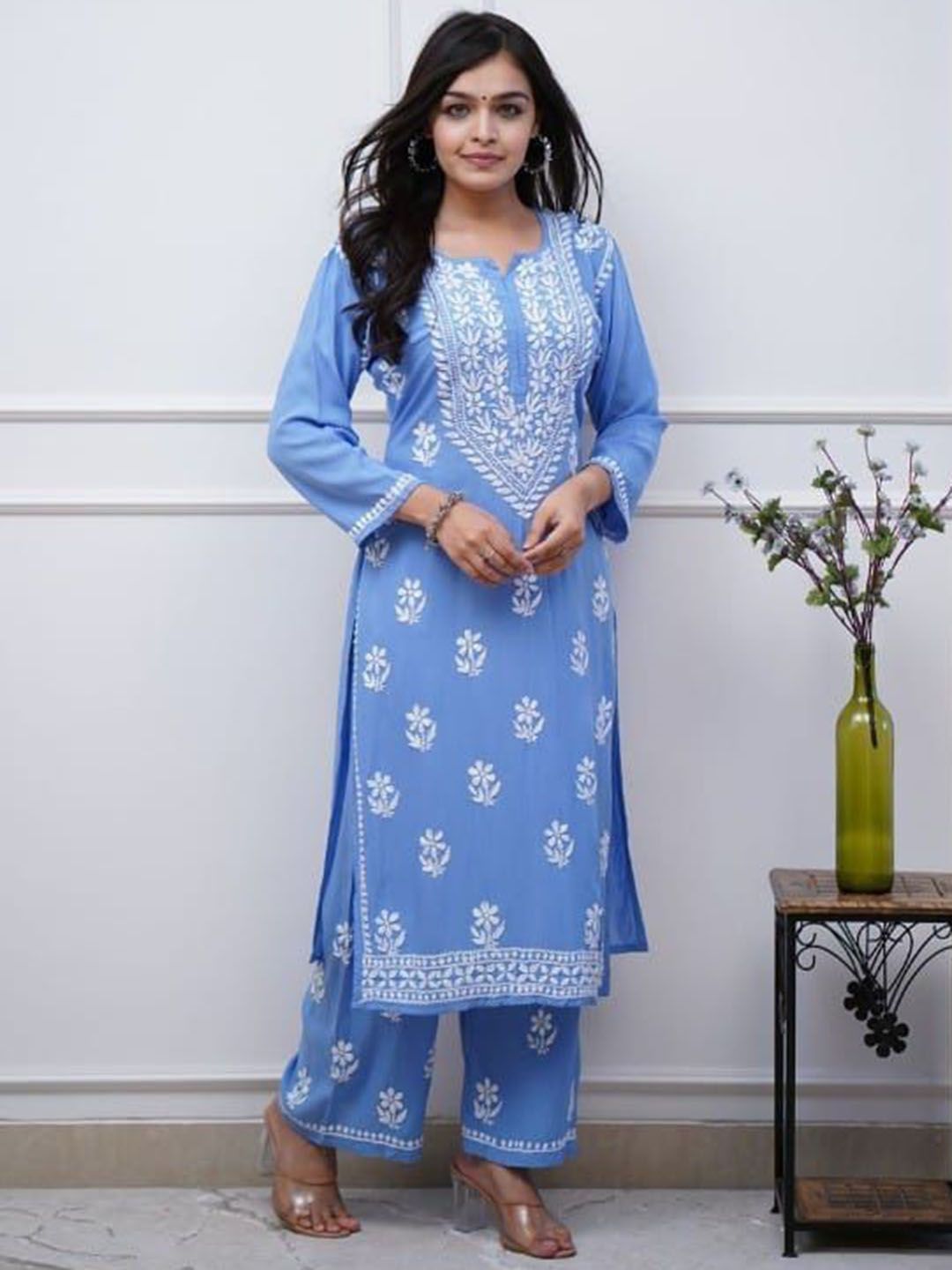 MILAAV Women Floral Printed Regular Chikankari Pure Cotton Kurta with Trousers-picture-36