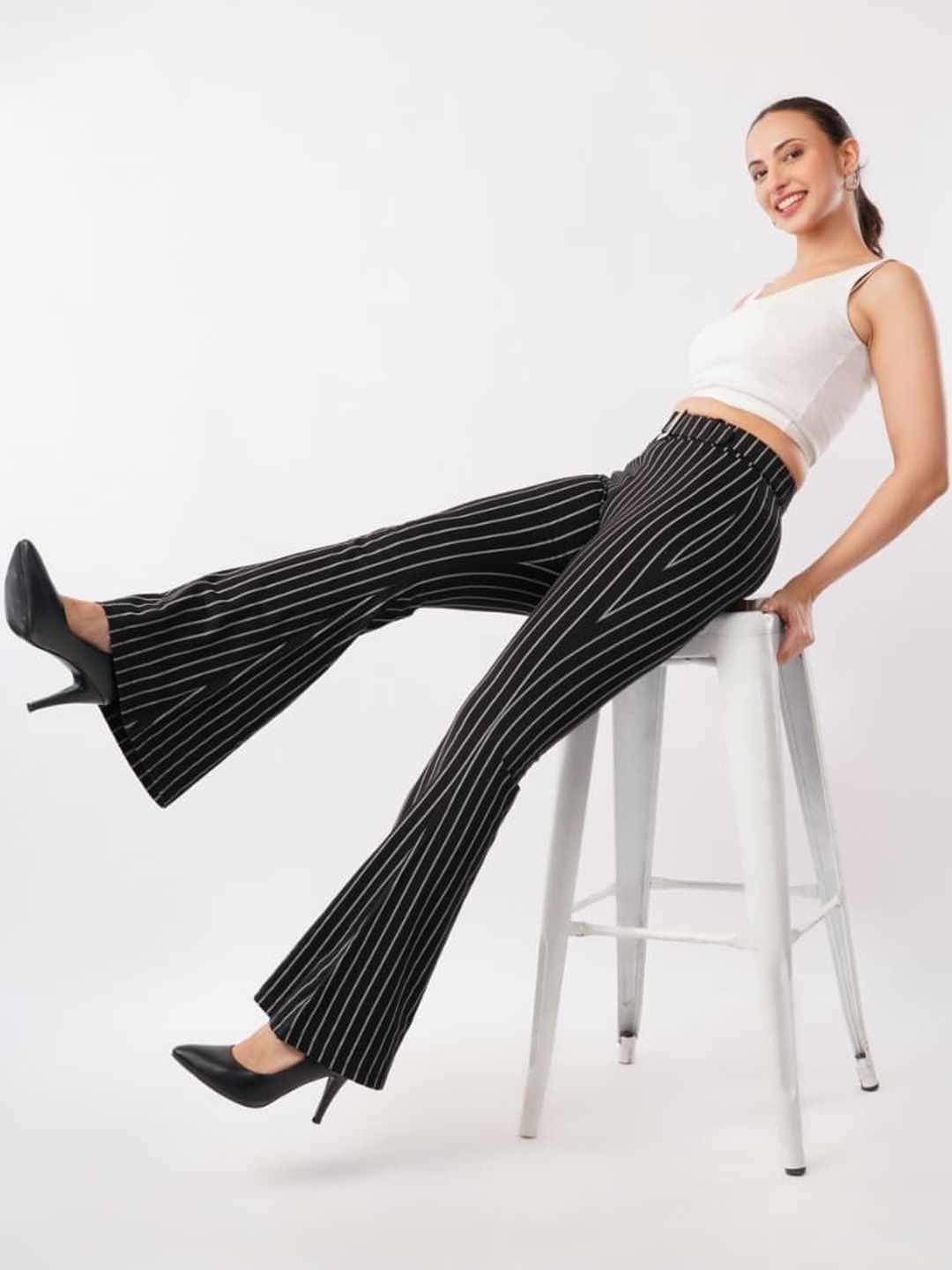 HIGH BUY Women Striped Tailored High-Rise Trousers-picture-25