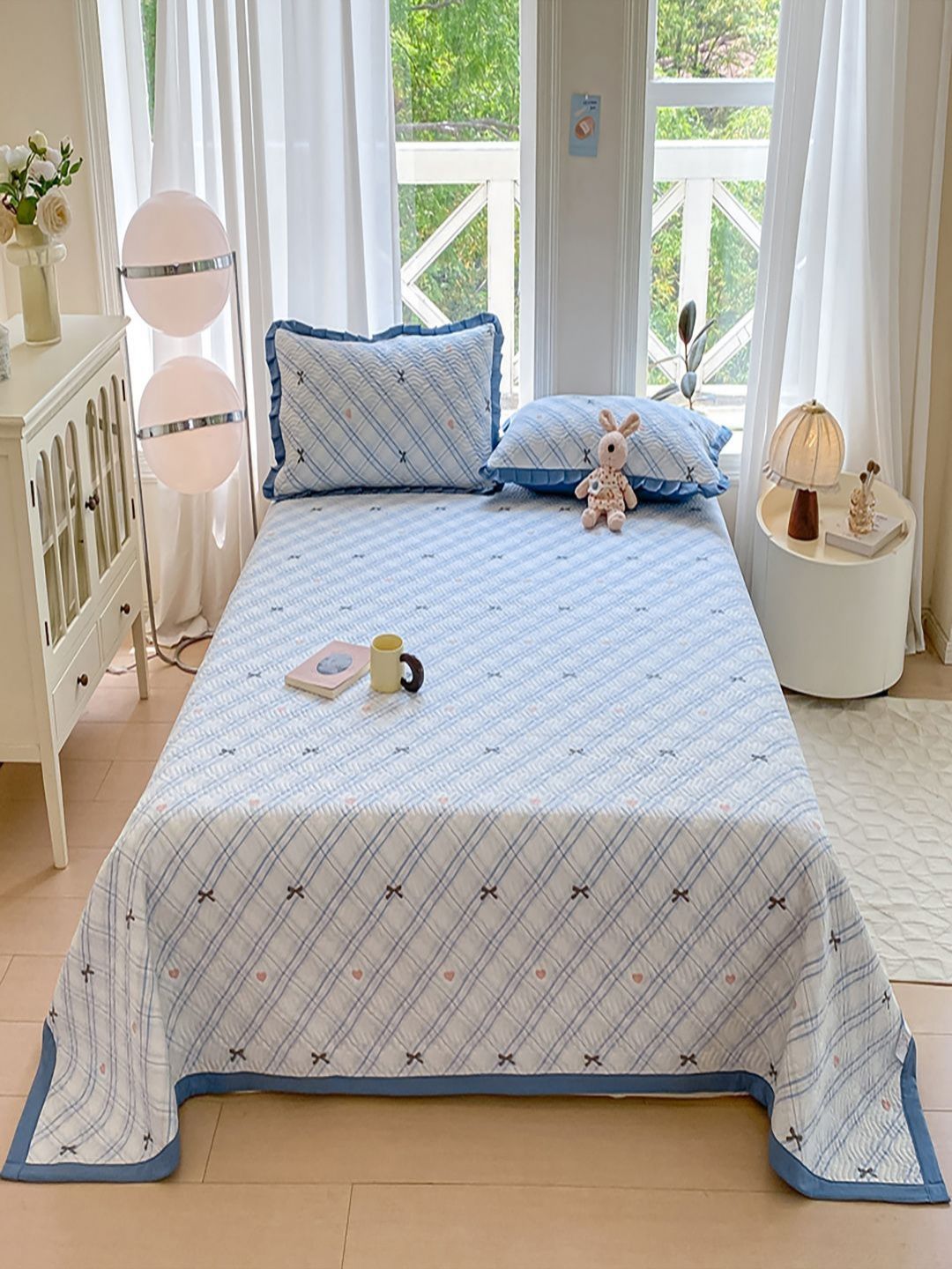 JC HOME 3-Pcs Blue & White Printed Double Queen Bed & Pillow Covers-image-6