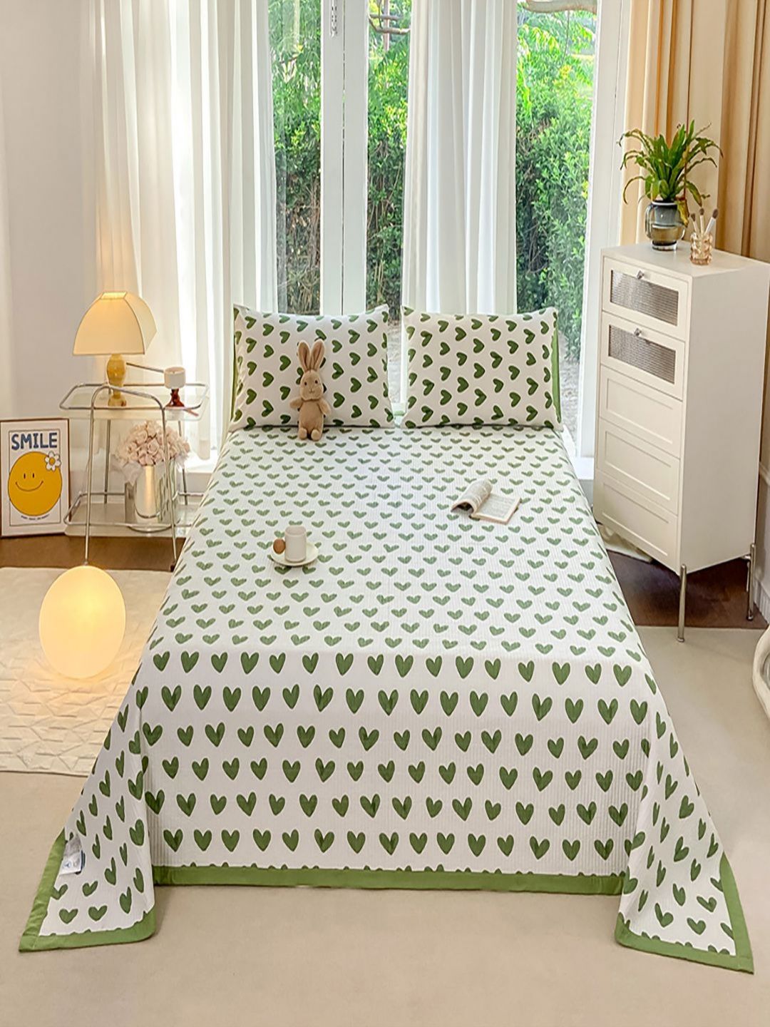 JC HOME 3-Pcs White & Green Printed Double King Bed & Pillow Covers-image-43