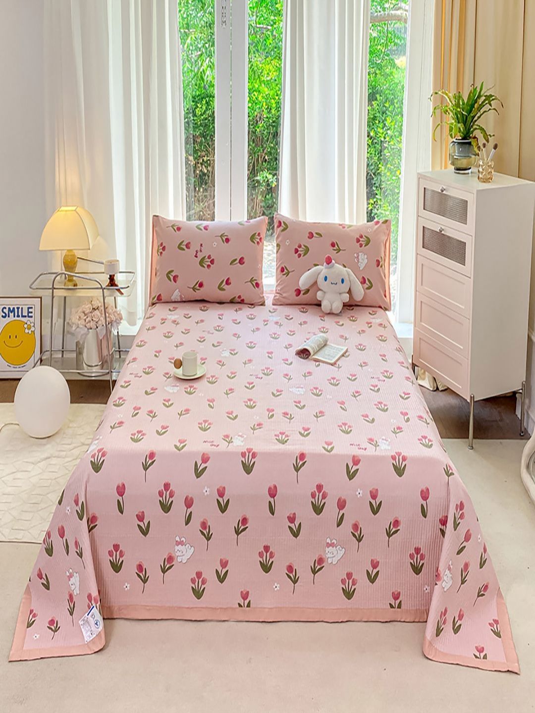 JC HOME Pack Of 3 Pink & Green Printed Double King Bed Covers-image-7