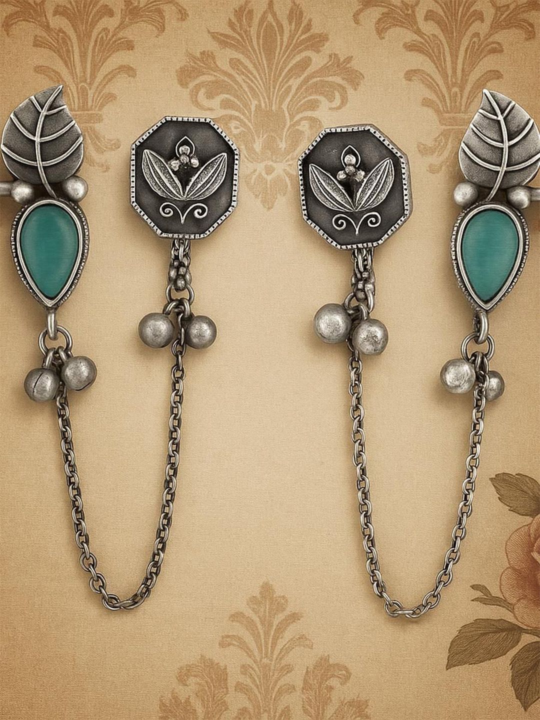 EL REGALO Artificial Stones Studded and Beaded Teardrop Shaped Drop Earrings With Ear Cuff-image-2