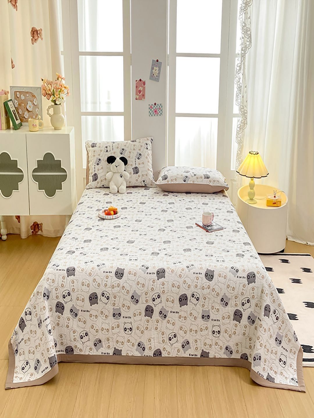 JC HOME Set Of 3 White & Grey Conversational Printed 162 TC Single Bed & Pillow Covers-picture-31