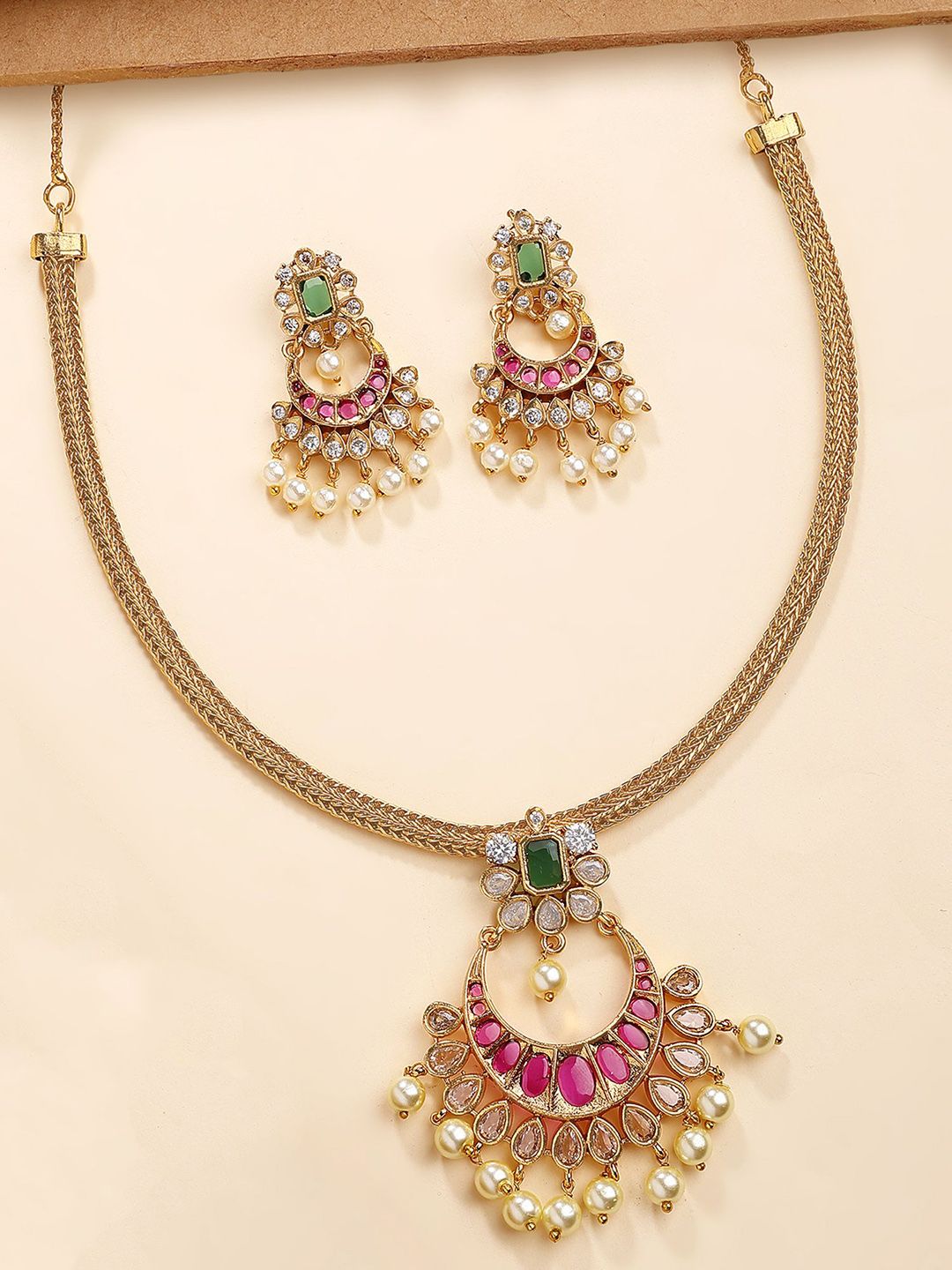 KARATCART Elegant Gold Plated Stone Studded & Beaded Jewellery Set-picture-26