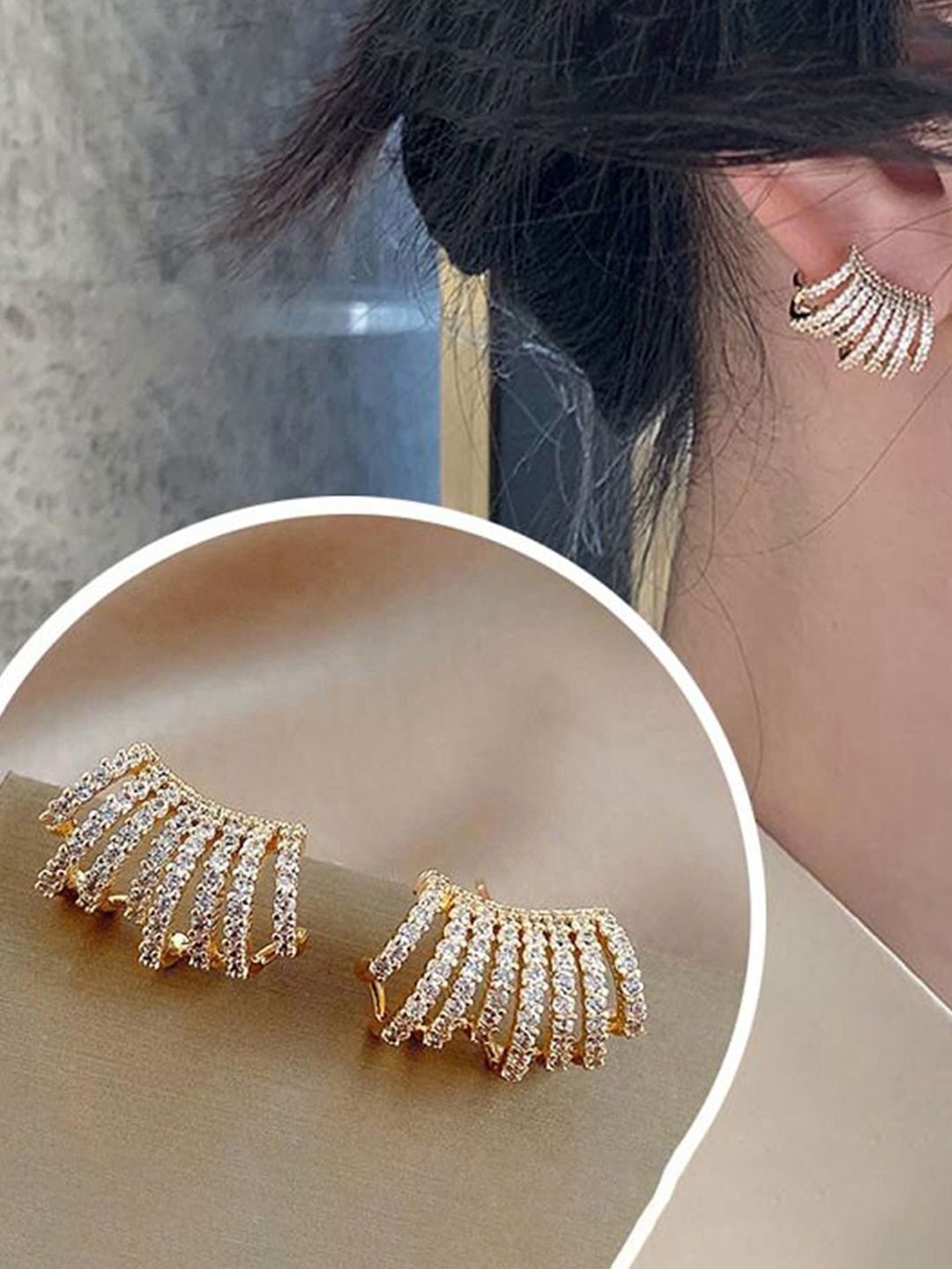 GOLDIWALA Korean Gold-Plated Cubic Zirconia Studded Contemporary Shaped Studs-picture-38