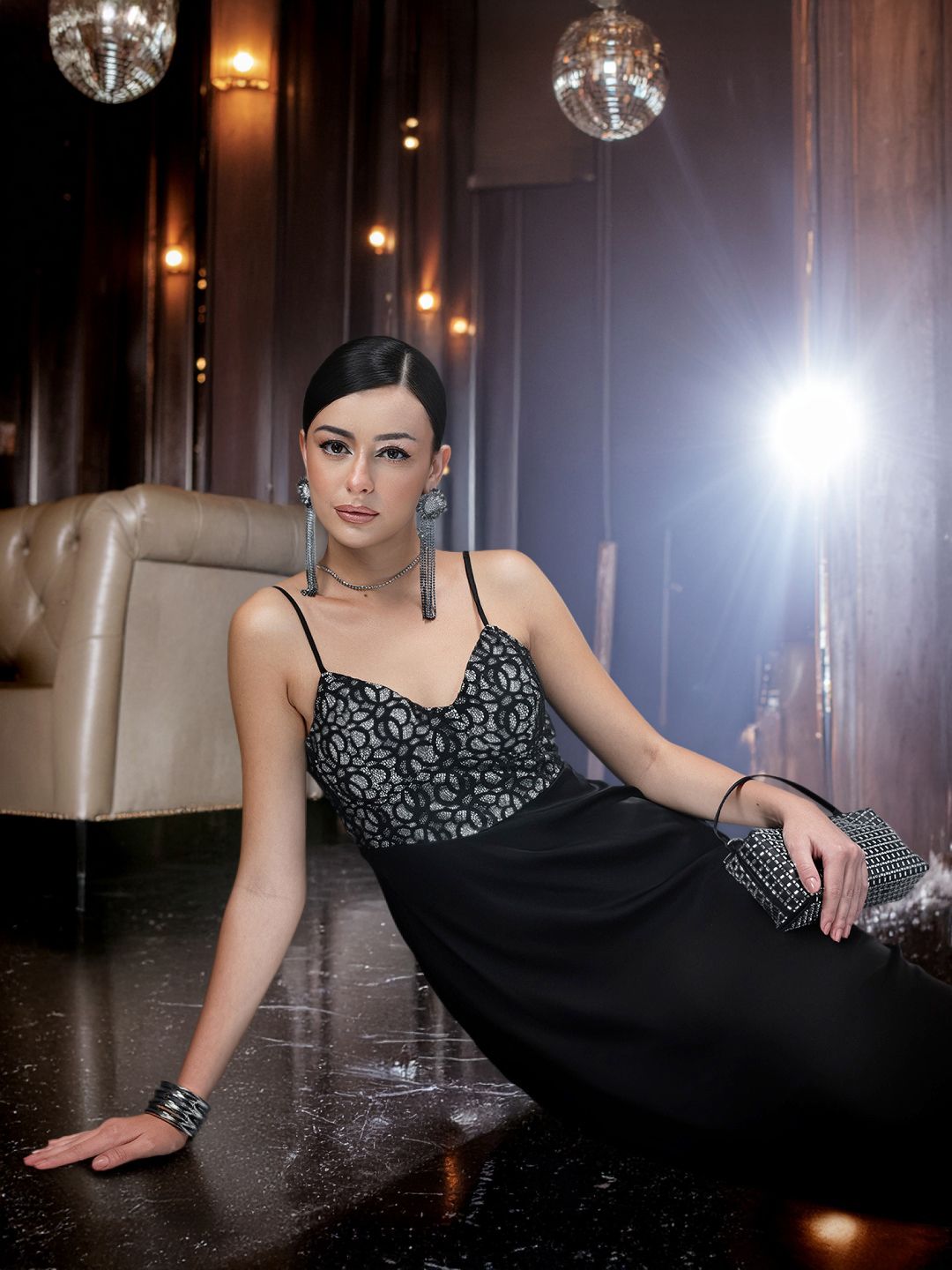 bebe Soft Romance Shoulder Straps Lace Inserts A-Line Midi Dress
