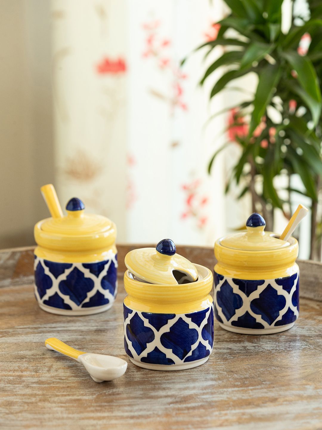 ExclusiveLane Moroccan Blue 3 Pieces Printed Ceramic Pickle & Chutney Jars 310ml & Spoons-picture-37