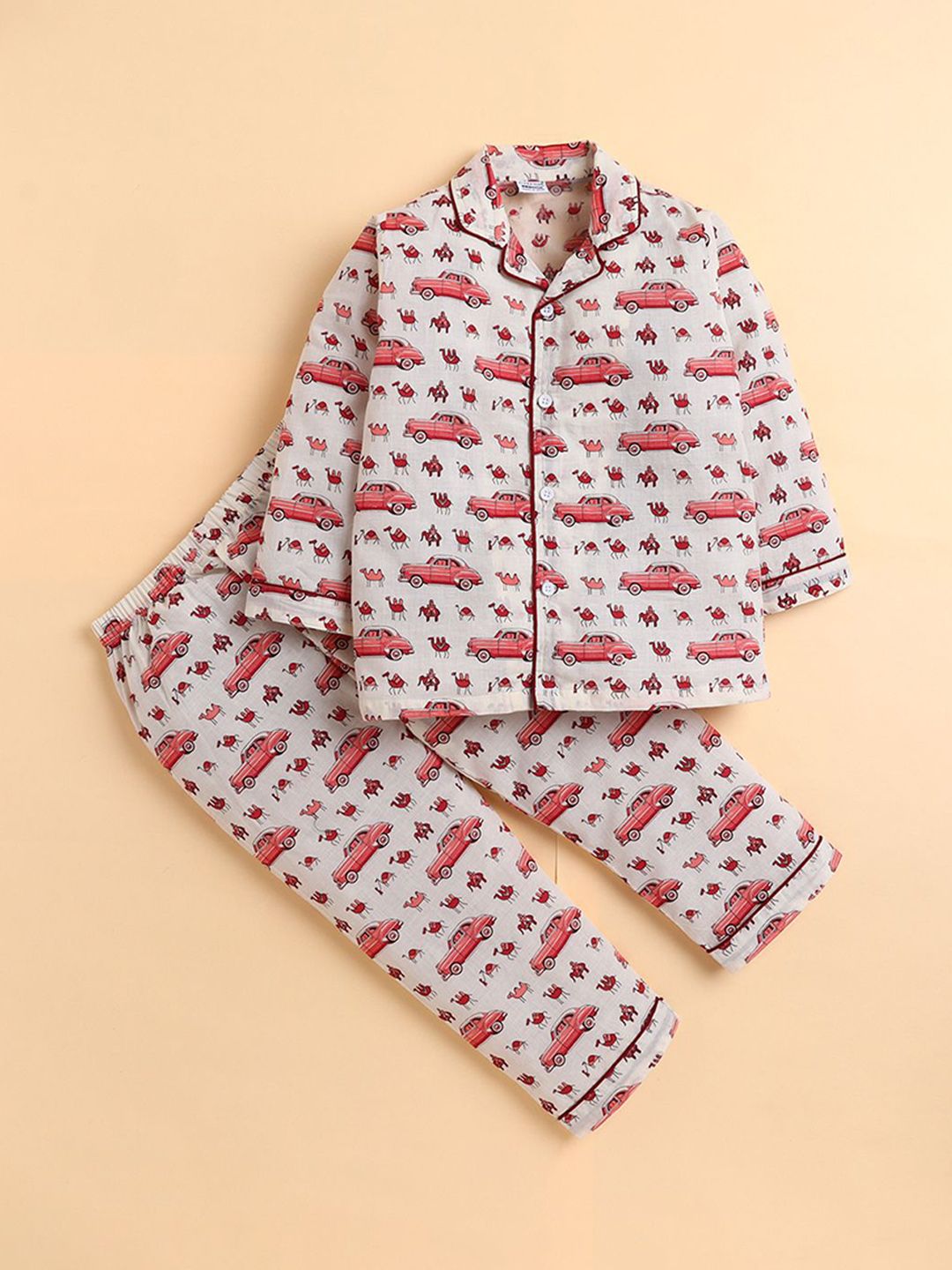 Polka Tots Kids White & Pink Cotton Full Sleeves Vehicle and Animal Print Night Suit Set