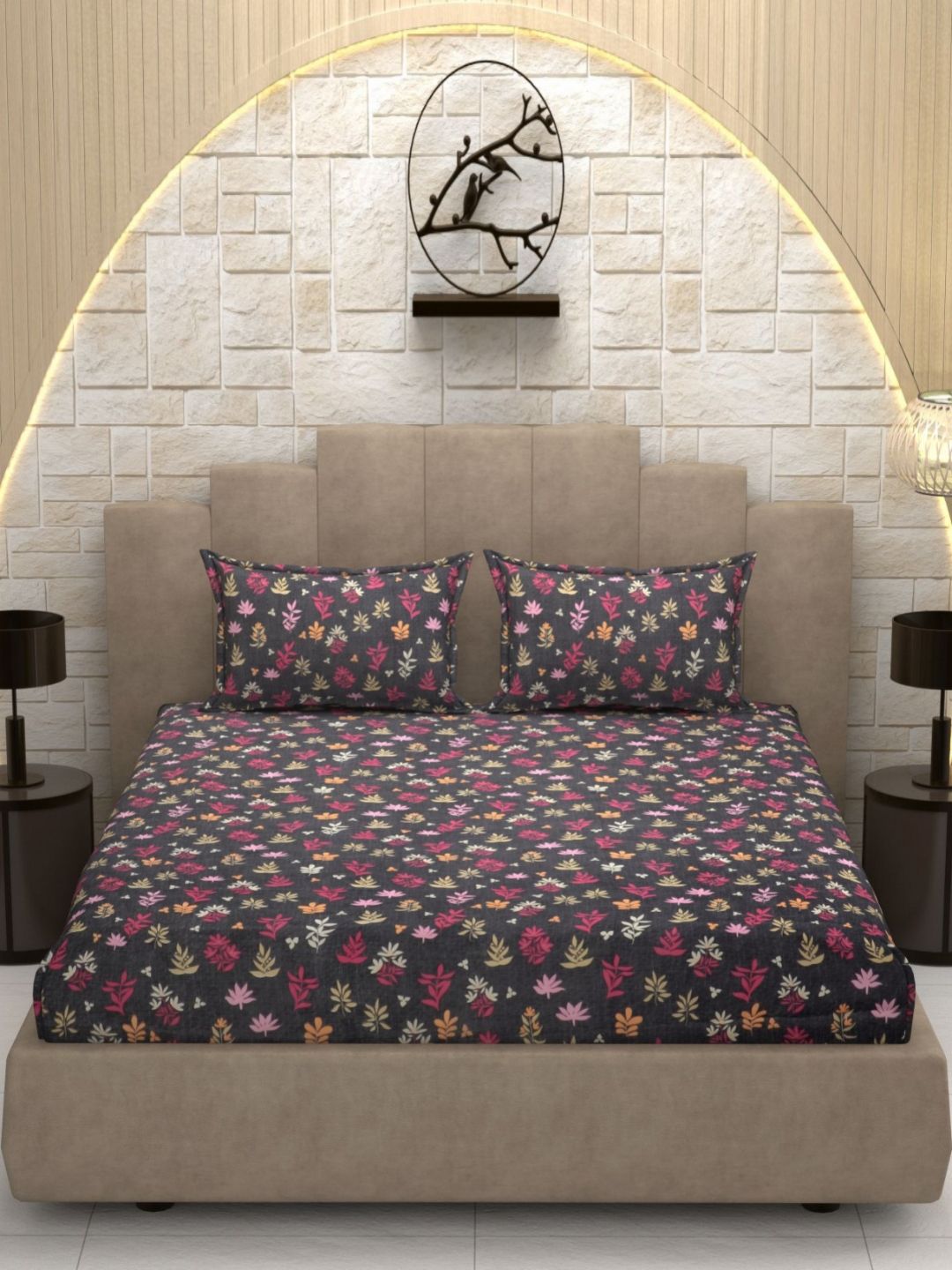 MAFATLAL Grey & Magenta Floral 160 TC Microfiber Queen Bedsheet Set- 2.28m x 2.54m-picture-29